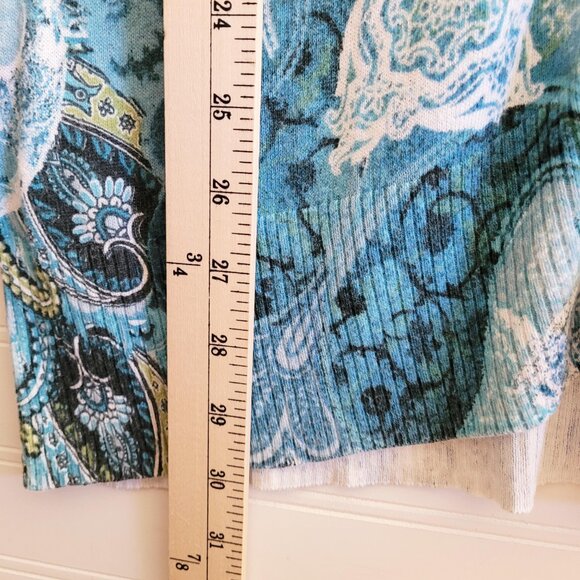 Chicos Cardigan Womens Medium Blue Print Longer Length Cotton Blend V Neck - Picture 5 of 7